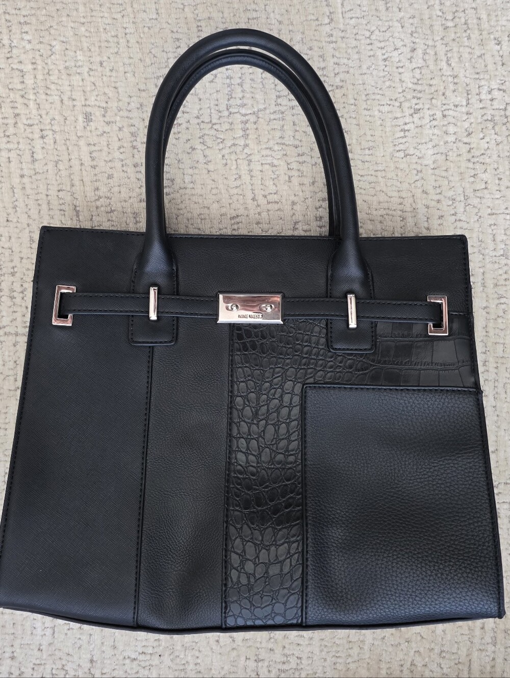 Nine West Black Croc Embossed Structured Satchel Crossbody Bag